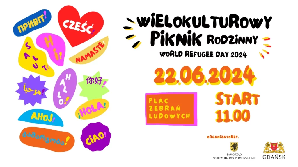 Grafika promująca piknik. Napis "Cześć" w kilku językach, data 22.06.2024 godz. 11:00, Plac Zebrań Ludowych.