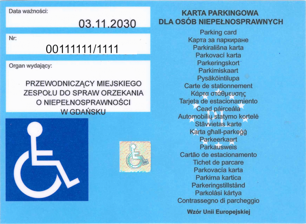 Wzór karty parkingowej. Karta zawiera datę ważności, numer oraz nazwę organu wydającego. Na karcie umieszczony jest również hologram.