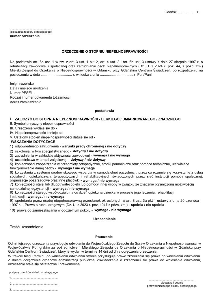 Wzór orzeczenia o niepełnosprawności