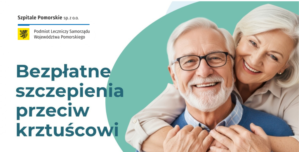 Infografika z napisem "Bezpłatne szczepienia przeciw krztuścowi". Na grafice kobieta i mężczyzna w wieku senioralnym oraz logo Szpitali Pomorskich