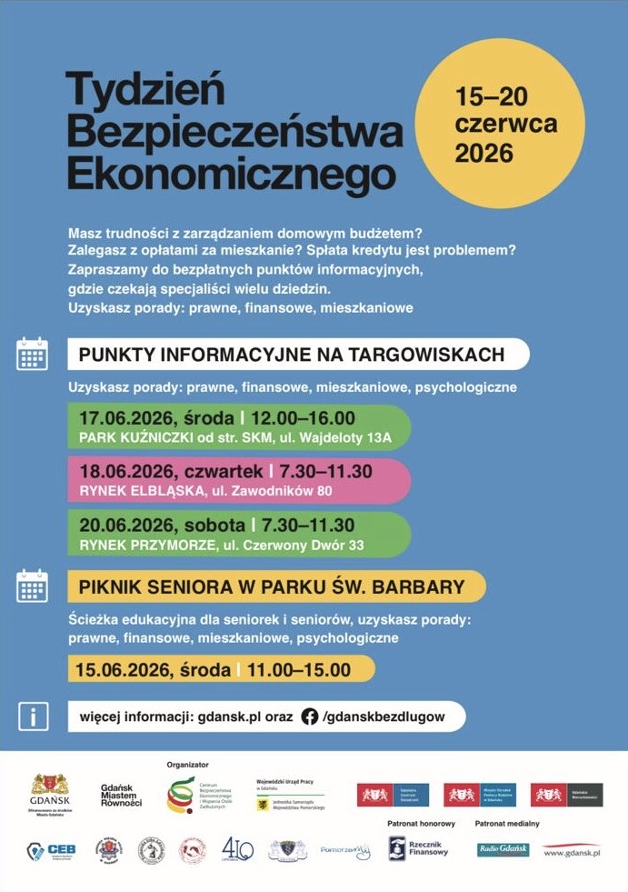 Plakat informacyjny dot. Tygodnia Bezpieczeństwa Ekonomicznego, zawierający termin spotkań. Informacje dostępne w treści artykułu.